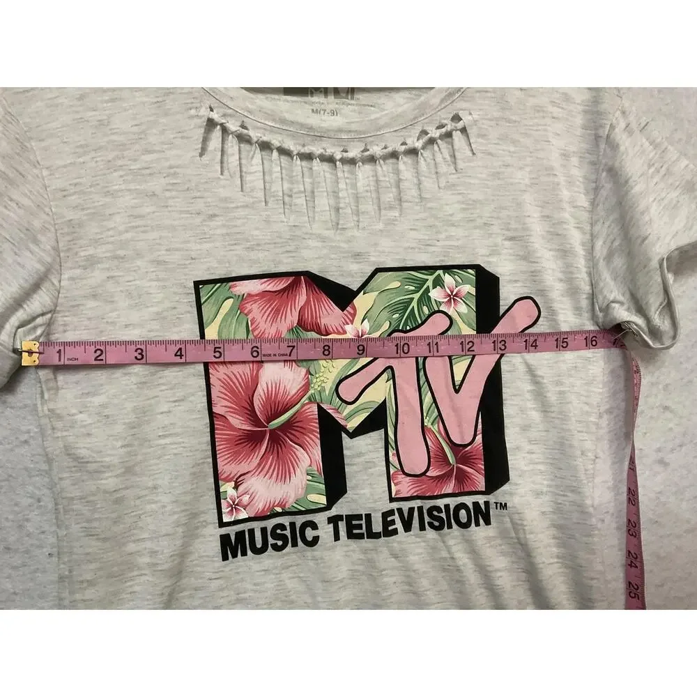MTV Music Shirt Girls‎ M Gray Floral Logo Cutout Scoop Neck Graphic Tee